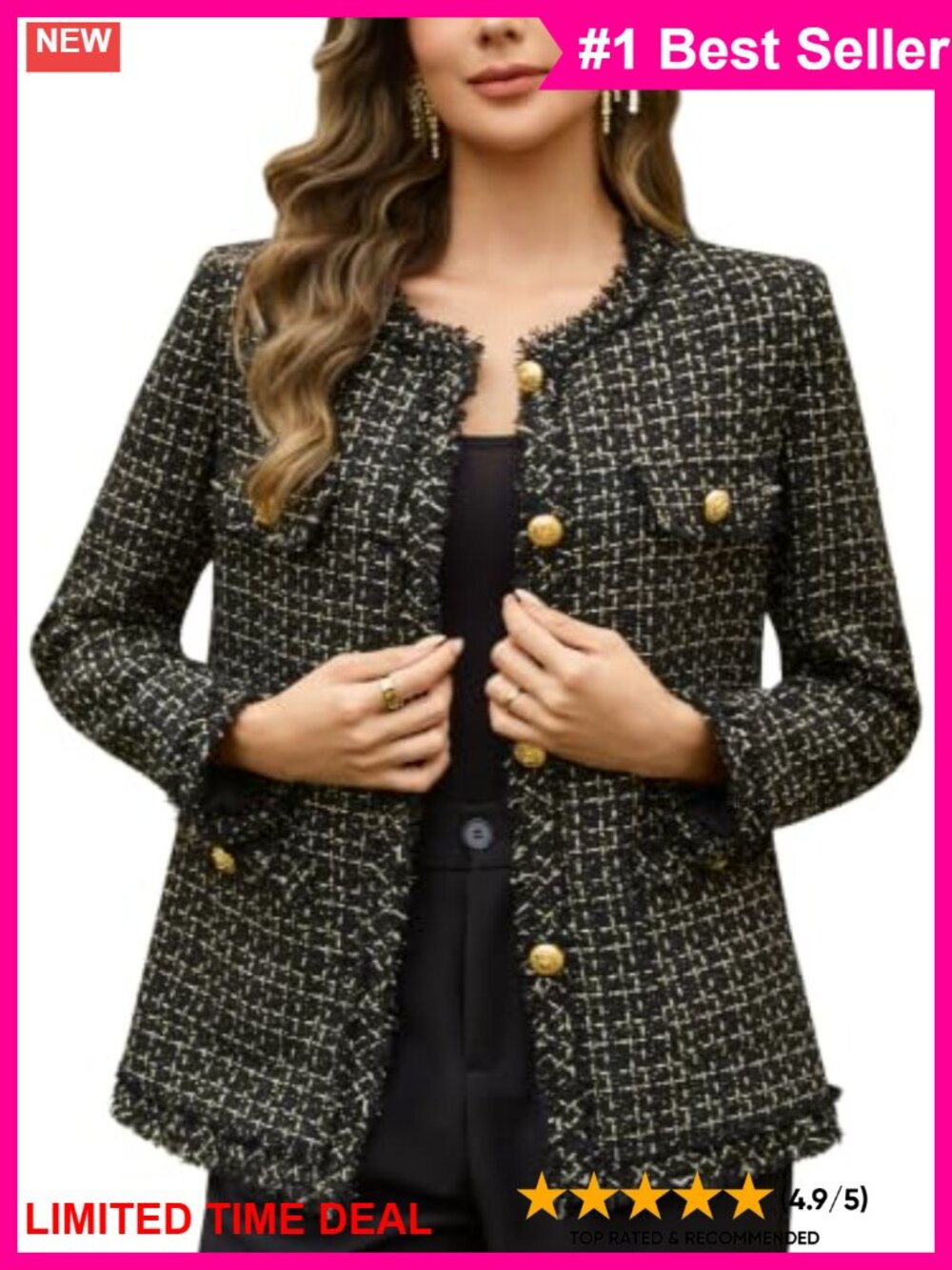 Women's Tweed Blazer Collarless Long Sleeve Metal Button Pockets Business Casual
